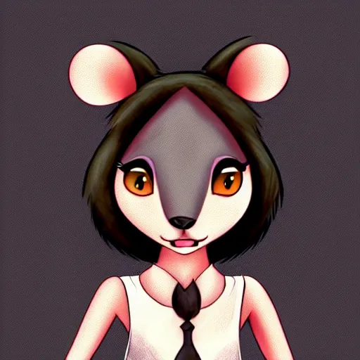 Image similar to headshot of young cartoon female mouse, healthcliff style, cute, fantasy, intricate, long hair, dark grey skin, mouse face, furry mouse, dark skin, mouse head, mouse ears, black hair, elegant, cartoony, furry Deviantart art of the day, furry character, character art, smooth, sharp focus, illustration, art by adoptables