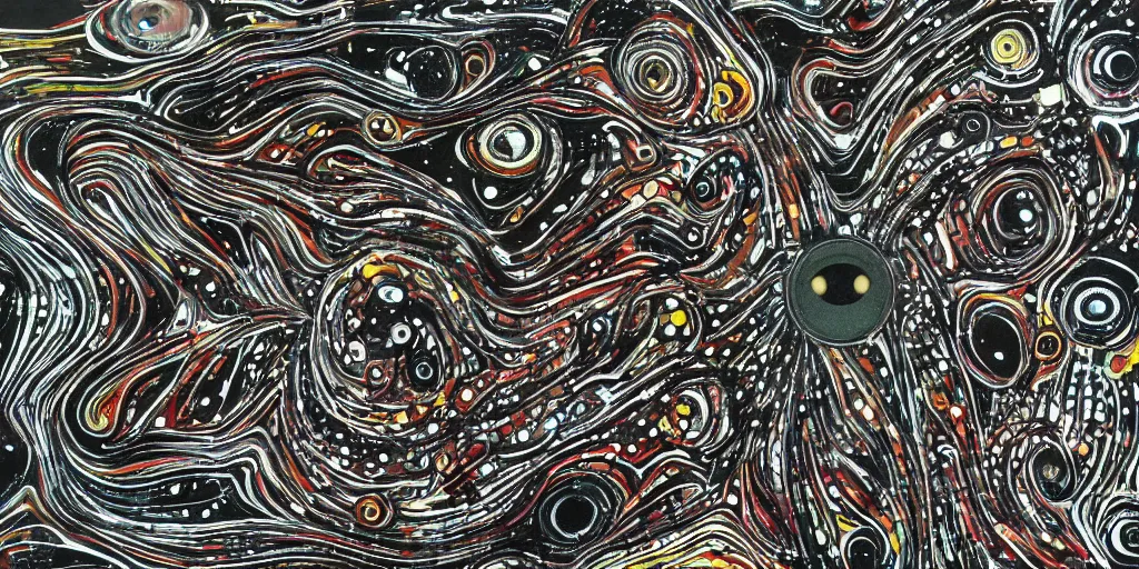 Prompt: deconstructed eye camo, technical, acrylic, centered burst, teeth, eerie, tribal, clay, dotting, lines, stipple, points, cybernetic, style of old painting, francis bacon art, sleep paralysis, hypnosis, eerie, terror, oil, neon, black and white, splotches, colorful dots, ominous, abstract