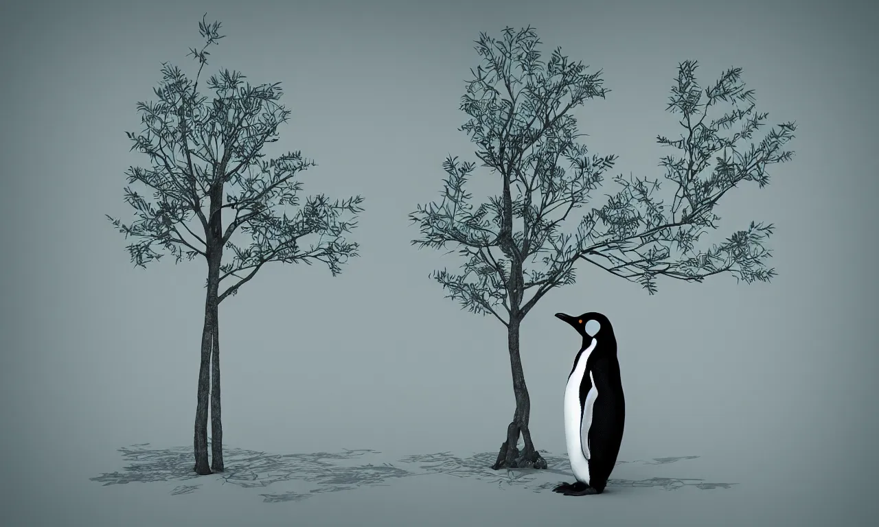 Image similar to penguin building a tree, digital art, 3 d illustration, transparent backround