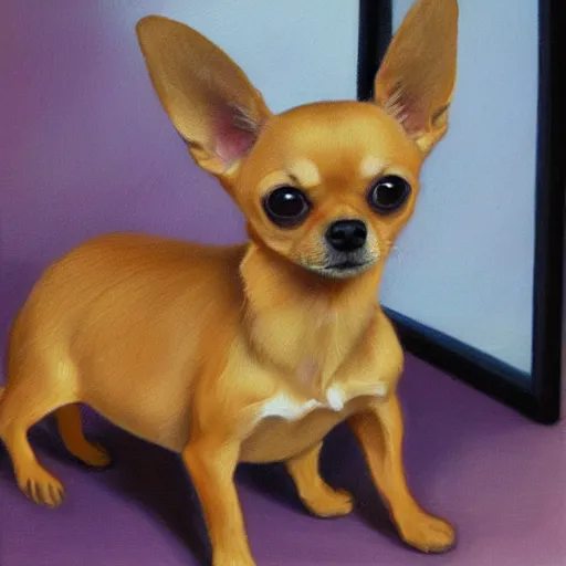 Image similar to a honey colored chihuahua puppy looking at his reflection in the mirror from the front, oil painting