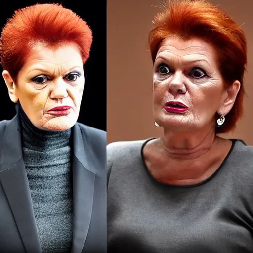 Image similar to Pauline Hanson unzipping her skin to reveal she is secretly a lizard people