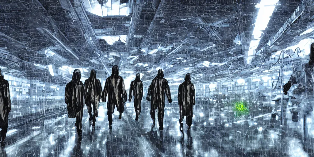 Prompt: sci - fi alien squad in wet cloaks, infiltrating on the ceiling of the mega - structure facility at midnight storm, lightning, digital art
