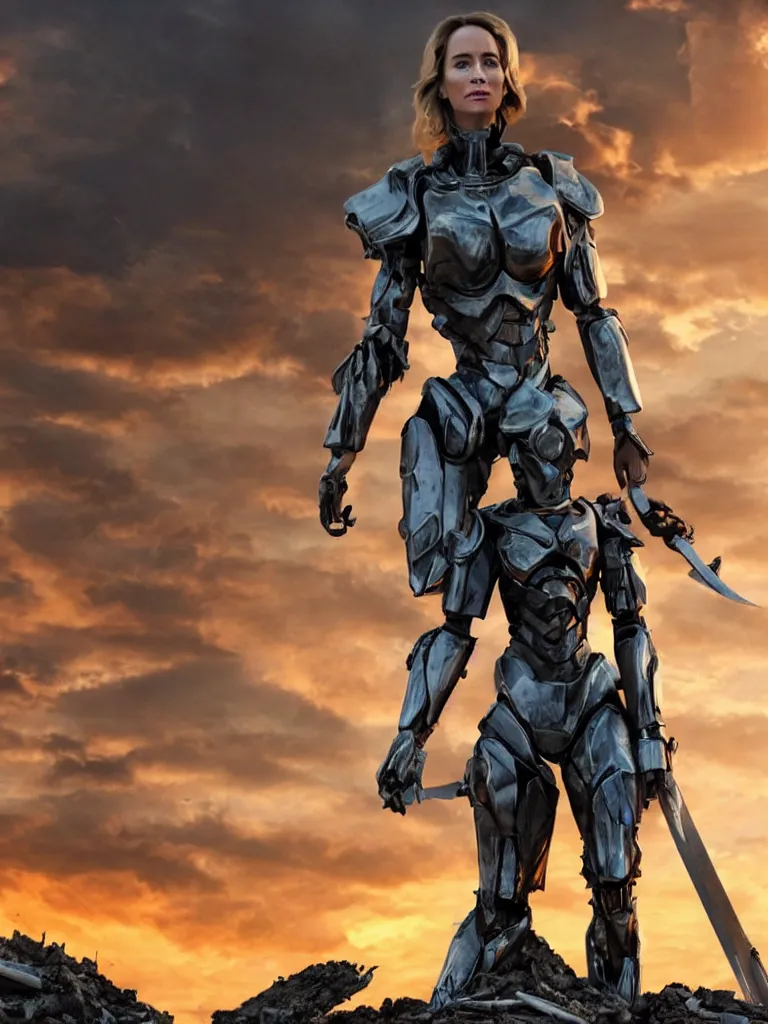 Image similar to emily blunt in futuristic power armor, by herself, holding a sword, standing atop a pile of rubble, sunset and big clouds behind her