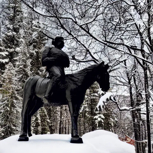 Image similar to A photo looking up at a black statue of a soldier riding a horse, lightly topped with snow, the statue is on a pedestal, the ground is full of snow, the background has numerous wintry trees, the sky is blue with sun poking through the clouds. Twilight. Photorealistic, 4k,