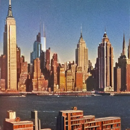 Image similar to new york skyline 1 9 7 0 s scifi art