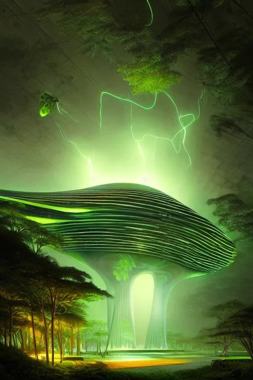 Image similar to a stormy tropical forest with green lightning bugs flying around a ancient futuristic temple designed by zaha hadid, tone mapped, shiny, intricate, cinematic lighting, highly detailed, digital painting, artstation, concept art, smooth, sharp focus, illustration, art by arthur haas and bruce pennington and john schoenherr