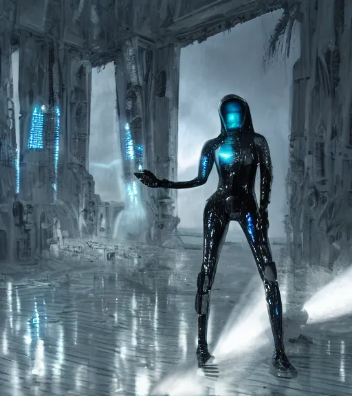 Prompt: tarkovsky greatest scene, aura of the ancient destroyed majestic tower of babylon, woman in gantz suit, futuristic cyber clothing, transparent puffer jacket, hyperealistic, blockchain, cyber world, ambient lighting, concept art, intricate, hyper detailed, smooth, dynamic volumetric lighting, octane, ray trace, cinematic, high quality, cgsociety