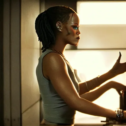 Image similar to movie still of rihanna cyborg, cinematic composition, cinematic light, criterion collection, by edgar wright