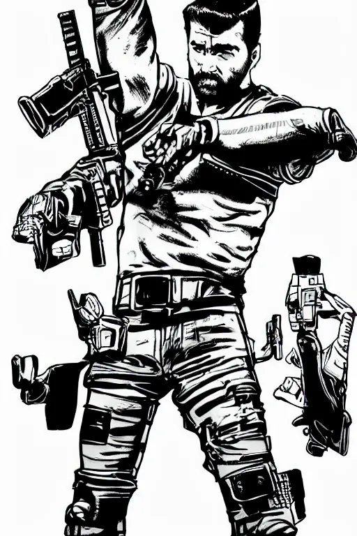 Image similar to billy mays holding a gun, a page from cyberpunk 2 0 2 0, style of paolo parente, style of mike jackson, adam smasher, johnny silverhand, 1 9 9 0 s comic book style, white background, ink drawing, black and white, colouring pages