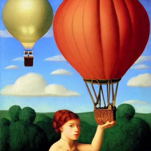 Image similar to a girl and her horse enjoy a hot-air balloon show by Raphael, Hopper, and Rene Magritte. detailed, romantic, enchanting, trending on artstation.