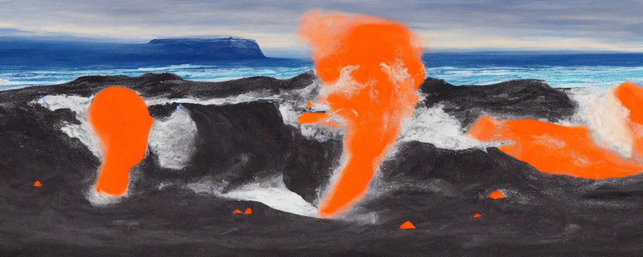 Image similar to painting of giant orange and white military spacecraft crashing into an endless black sand beach in iceland with icebergs in the distance, 2 8 mm, shockwave