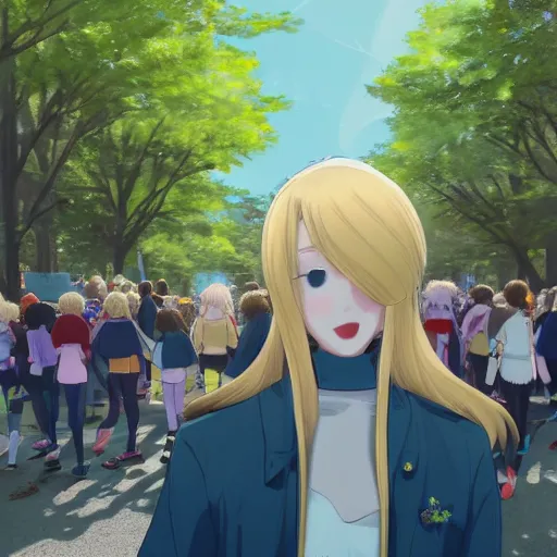 Image similar to blonde - haired princess, anime princess, wearing black jacket and white leggings, looking through crowd, town street, festival street, trees, green trees, blue lighting, blue sunshine, strong lighting, strong shadows, vivid hues, ultra - realistic, sharp details, subsurface scattering, intricate details, hd anime, 2 0 1 9 anime