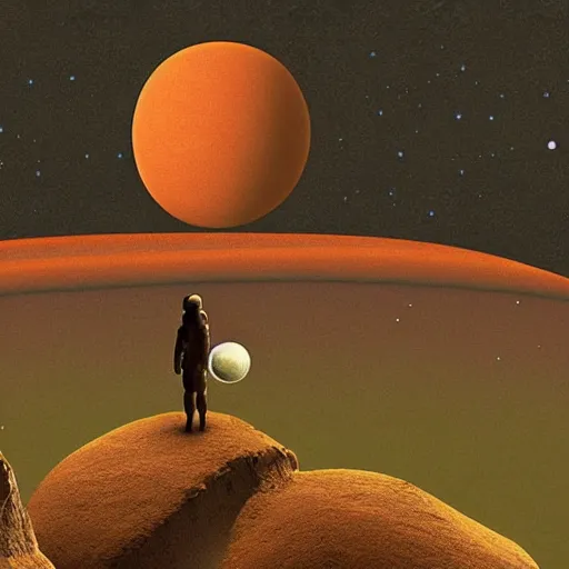 Prompt: Illustration. A beatiful illustration of a planet with two moons in the background. In the foreground, there is a woman wearing a spacesuit and holding a phaser. She is standing on a rocky surface, and there is a ship in the distance. claymation by Max Ernst robust