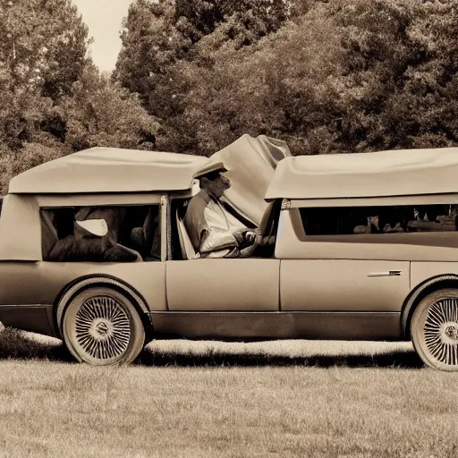 Prompt: a monochromatic sepia photograph of a delorean in a line of covered wagons,