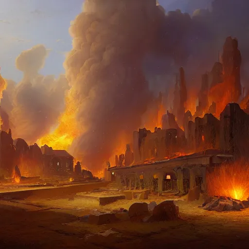 Image similar to digital art of fire and hail destroy a 4000BC middle eastern town by andreas rocha and john howe, and Martin Johnson Heade, featured on artstation, featured on behance, golden ratio, f32, well composed, cohesive