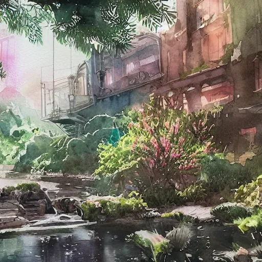 Image similar to Beautiful happy picturesque charming sci-fi town in harmony with nature. Beautiful light. Water and plants. Nice colour scheme, soft warm colour. Beautiful detailed artsy watercolor by Vincent. (2022)