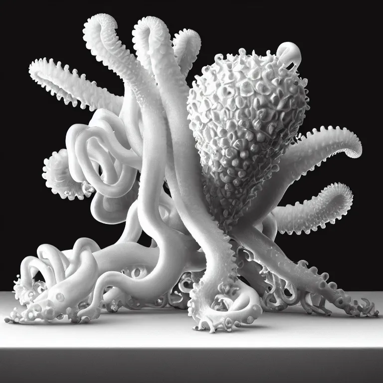 Image similar to still life of white flowers on a table, white alien squid, white octopus, , surreal alien ribbed white fruit, white human spine, baroque painting, beautiful detailed intricate insanely detailed octane render trending on Artstation, 8K artistic photography, photorealistic, chiaroscuro, Raphael, Caravaggio beautiful BW monochrome