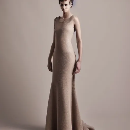 Image similar to delicate, semi transparant, high couture dress in a super model, warm light, studio setting