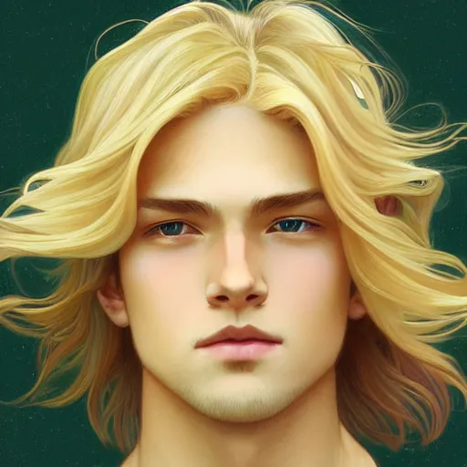Prompt: young man with shoulder length shiny shimmering golden blond hair, path traced, highly detailed, high quality, digital painting, by studio ghibli and alphonse mucha, leesha hannigan, beautiful details, soft and warm
