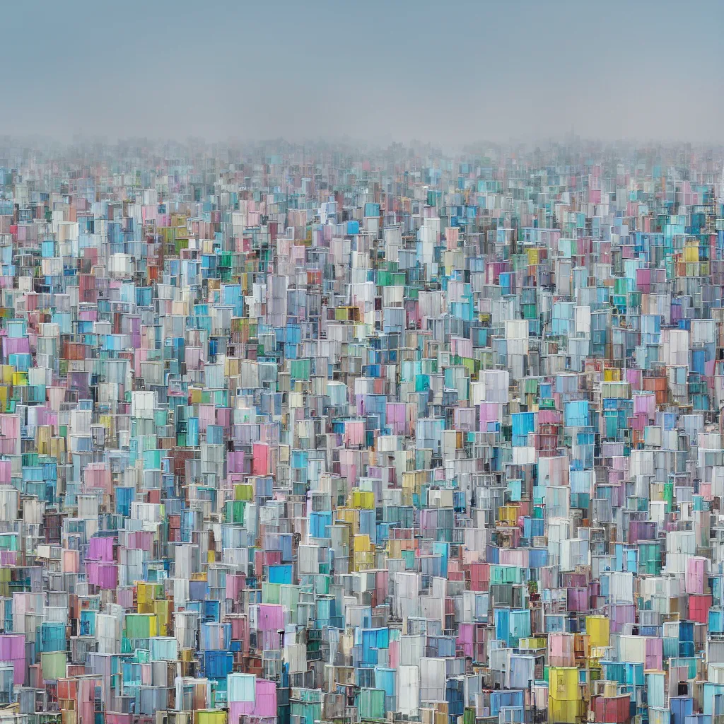 Image similar to two towers made up of colourful makeshift squatter shacks, pastel tones, plain uniform sky at the back, misty, mamiya rb 6 7, ultra sharp, very detailed, photographed by zaha hadid