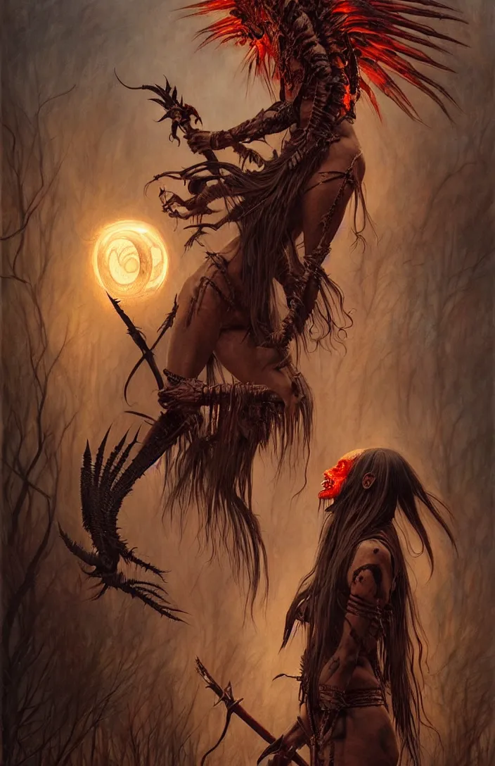 Image similar to evil native american skinwalker transformation, horror demon, heroic lighting, dark fantasy, intricate, elegant, highly detailed, lifelike, photorealistic, digital painting, artstation, illustration, concept art, smooth, sharp focus, art by John Collier and Albert Aublet and Krenz Cushart and Artem Demura and Alphonse Mucha