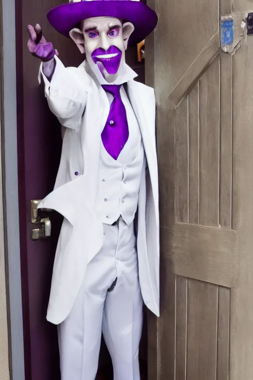 Image similar to a purple skinned tiefling with a goatee wearing a white suit and tophat standing in a doorway, purple skin, goatee, by Mark Brooks