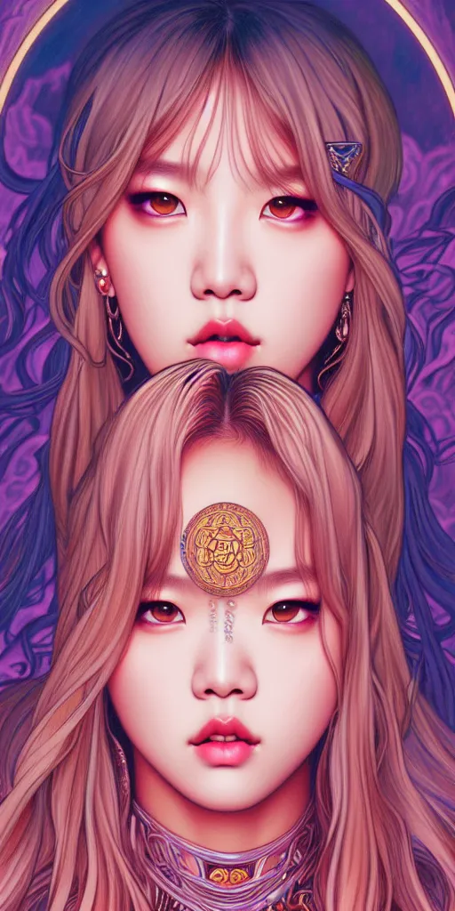 Image similar to lalisa manoban of blackpink, goddess of the moon, tarot card, highly detailed, digital painting, smooth, sharp focus, illustration, ultra realistic, 8 k, art by artgerm and alphonse mucha