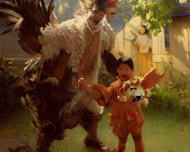 Prompt: a man dressed as a chicken scaring asian childrens, highly detailed painting by gaston bussiere, craig mullins, j. c. leyendecker 8 k