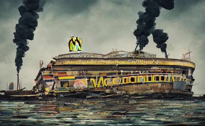 Prompt: a derelict immense McDonald's brand vacation cruise liner oceanliner ship with yellow golden arches logo and tall smoke stacks crashed and broken on a deserted island, moored, fast food restaurant color scheme, golden arches, golden hour, thick black smoke billowing, overcast, dystopian, bad vibes, photorealistic, sharp focus, hyper detailed, in the style of simon stalenhag