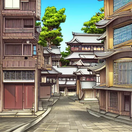 Prompt: japanese town, neighborhood, surreal neighborhood, street view, modern neighborhood, japanese city, underground city, modern city, tokyo - esque town, 2 0 0 1 anime, cel - shading, compact buildings, sepia sunshine