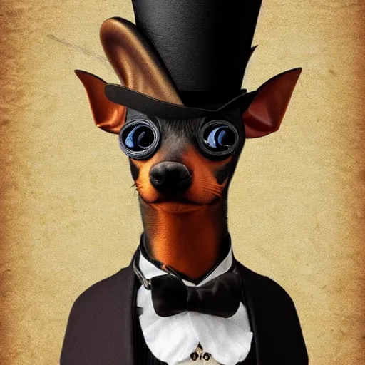 Prompt: photo of steampunk min pin wearing top hat and monocle, photorealistic, 4k, artstation