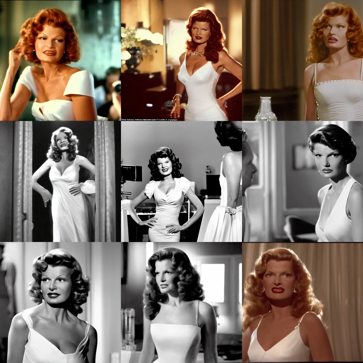 Prompt: scene from a 2 0 0 5 movie with rita hayworth standing in a white dress and looking on the right. close - up, 8 5 mm lenses, sharp focus, 8 k