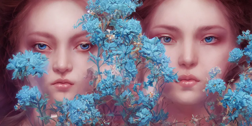 Image similar to breathtaking detailed concept art painting portrait of the hugs goddess of light blue flowers, saint, with anxious piercing eyes, ornate background, amalgamation of leaves and flowers, by hsiao - ron cheng, extremely moody lighting, 8 k