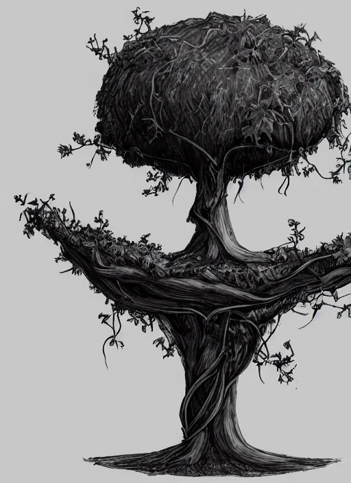 Image similar to a drawing of a tree with a flying saucer above it, concept art by senior environment artist, made of vines, artstation, environmental art, 2 d game art, concept art