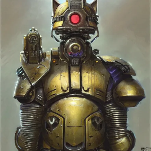 Image similar to wearing warhammer 4 0 0 0 0 emperor armor realistic anthropomorphic cute cat scifi cyberpunk, visible face and full body portrait art by donato giancola and greg rutkowski, vintage retro scifi, realistic face, digital art, trending on artstation, symmetry