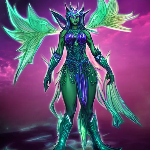 Image similar to tyrande whisperwind as a superhero in a dystopian city