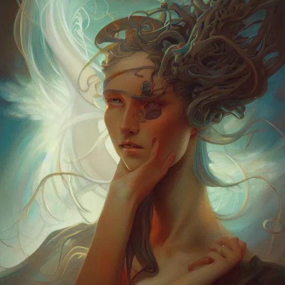 Image similar to a highly detailed beautiful portrait in the style of peter mohrbacher and in the style of jean delville.