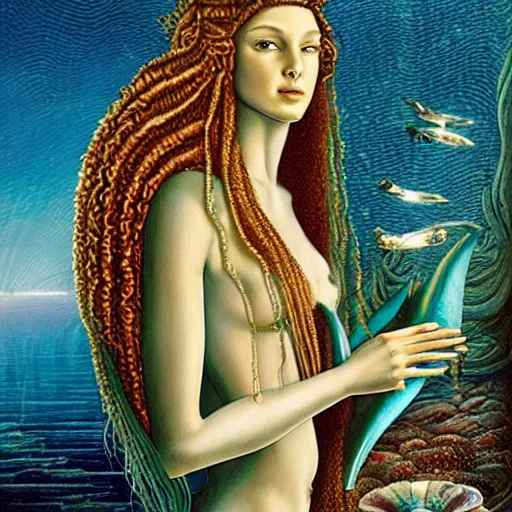 Prompt: intricate detail, gilbert williams and sandro botticelli portrait of tan sumerian mermaid goddess atargatis, princess intergalactica, with aqua neon rapunzel dreadlocks adorned in seashells, near crystal temple in atlantis, iridescent dolphins swimming in the sea, unicorn flying in the sky, paleozoic atlantis