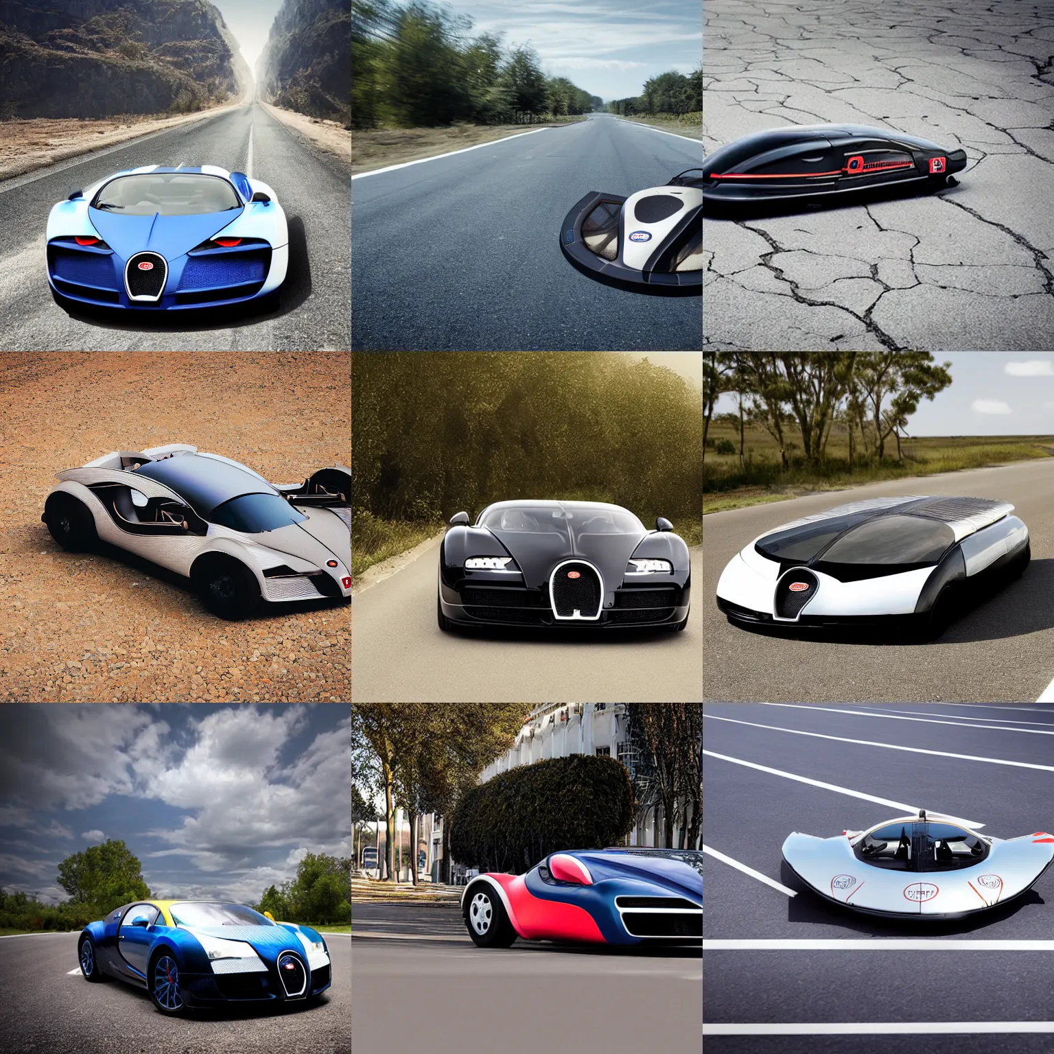 Image similar to bugatti hovercraft hovering above road, solar punk product photo