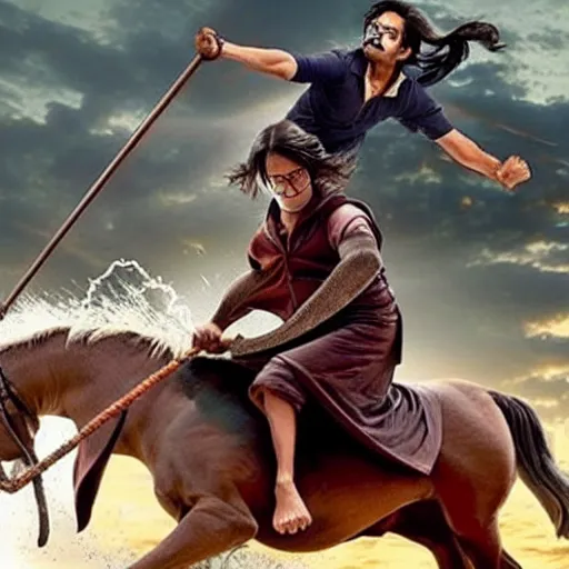 Image similar to harry potter in bahubali ~ on a horse ~