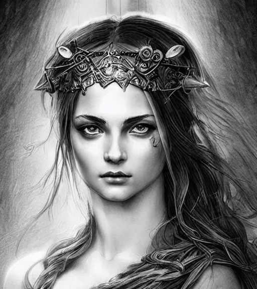 Image similar to beautiful aphrodite goddess wearing an arrow on her head, realistic face, beautiful eyes, black and white drawing, in the style of greg rutkowski, fantasy, amazing detail, epic, intricate, elegant, smooth, sharp focus