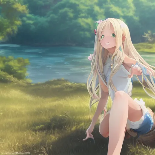 Image similar to a very beautiful anime girl, full body, long wavy blond hair, sky blue eyes, full round face, short smile, cute top, short jeans, summer lake setting, cinematic lightning, medium shot, mid-shot, highly detailed, trending on Artstation, Unreal Engine 4k, cinematic wallpaper by Stanley Artgerm Lau, WLOP, Rossdraws, James Jean, Andrei Riabovitchev, Marc Simonetti, and Sakimichan