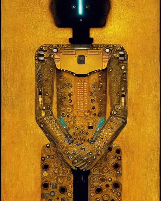 Prompt: Golden Portrait of a Robot from queen by Gustav Klimt, cyberpunk noir, baroque elements, intricate artwork by caravaggio, aesthetic, intricate, highly detailed, masterpiece