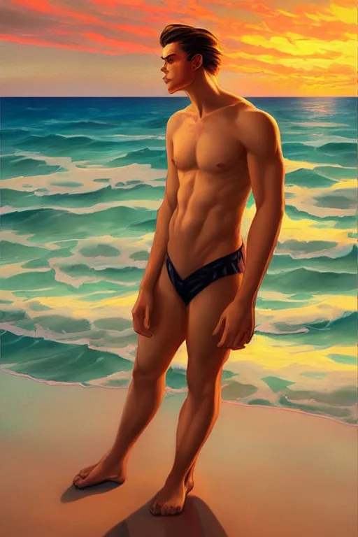 Image similar to attractive man at the sea, sunset, painting by ross tran, j. c. leyendecker, tom of finland, trending on artstation