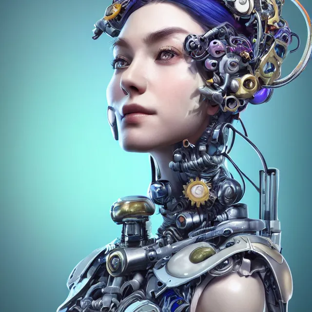 Image similar to the portrait of true neutral semi - colorful female cyborg mechanist as absurdly beautiful, gorgeous, elegant, young woman looking up, an ultrafine hyperdetailed illustration by kim jung gi, irakli nadar, intricate linework, bright colors, octopath traveler, final fantasy, unreal engine 5 highly rendered, global illumination, radiant light, detailed and intricate environment