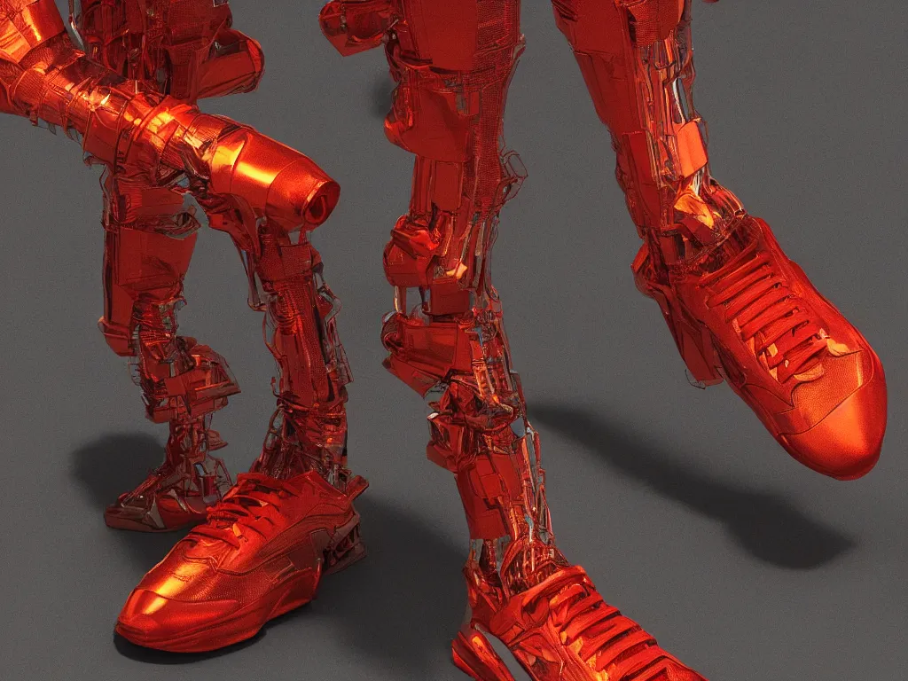 Image similar to realistic 3 d render of a cyberpunk android foot wearing sneakers, beautiful studio lighting, soft, sharp focus, neon cyberpunk highlights, intricate detail, gold and red accents, soft rubber, octane render, side view, close up, trending on artstation, deviantart, art by syd mead and issey miyake