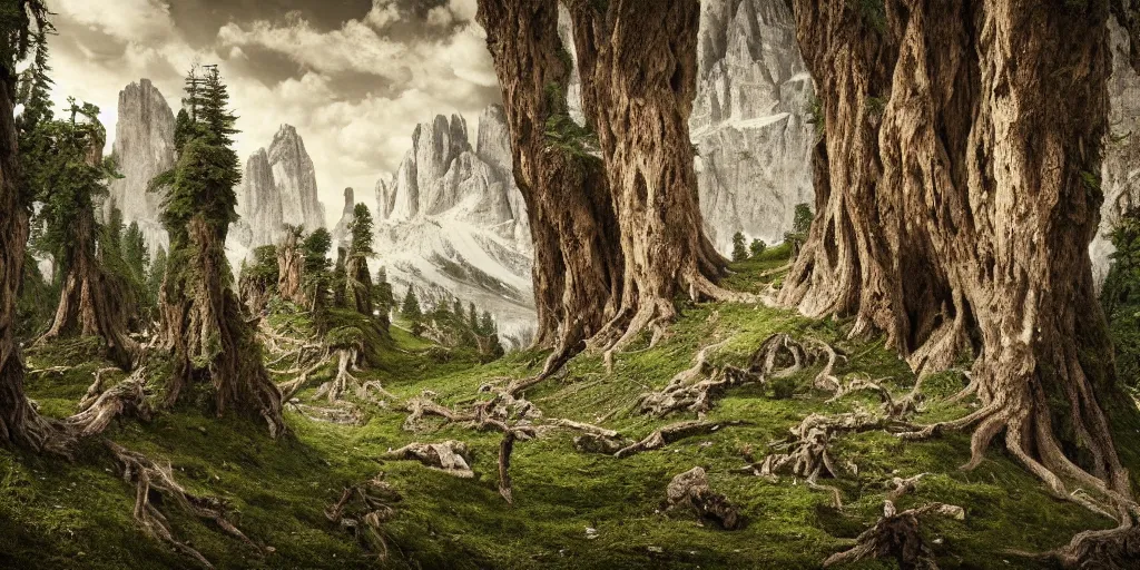 Prompt: photography of dolomites overgrown by roots, dolomites, alpine, detailed intricate insanely detailed octane render, 8k artistic 1920s photography, photorealistic, chiaroscuro, hd, by David Cronenberg, Raphael, Caravaggio