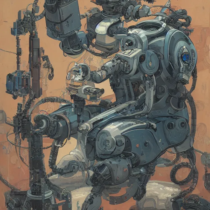 Image similar to robot artist painting a self - portrait on a canvas. intricate, highly detailed, digital matte painting, in the style of alexandros pyromallis, and in the style of sachin teng, and in the style of hans thoma, and in the style of masamune shirow. irony, recursion, inspiration.