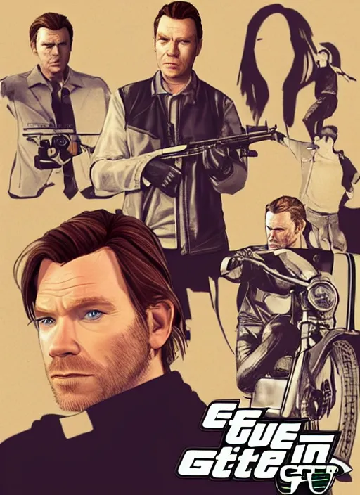 Image similar to Ewan McGregor in the style of GTA artwork
