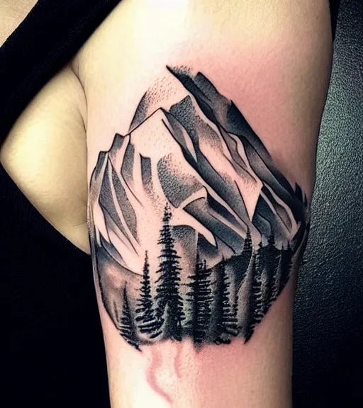 Image similar to creative double exposure effect tattoo design sketch of margot and beautiful mountains and nature, margot robbie and mountain scenery, realism tattoo, in the style of matteo pasqualin, amazing detail, sharp